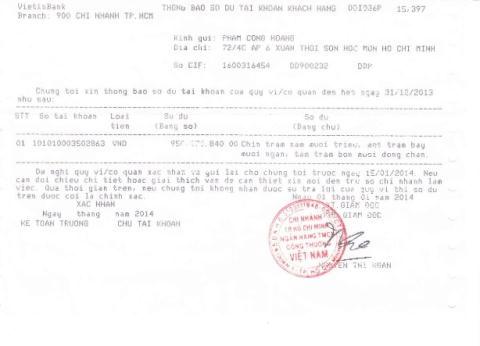 Bản Thông báo số dư tài khoản khách hàng do chính Ngân hàng Công thương chi nhánh TP Hồ Chí Minh gửi khách hàng Phạm Công Hoàng.