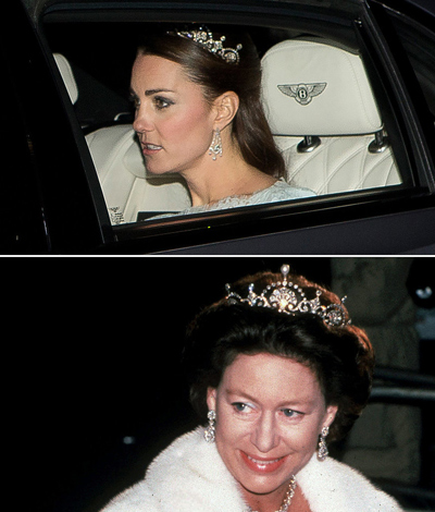Vương miện hoa sen: Cuối năm 2013, Kate diện chiếc vương miện thứ hai - vương miện hoa sen - khi tham gia sự kiện chính thức ở Cung điện Buckingham. Đây cũng là món trang sức Công nương Anh mượn từ bộ sưu tập của Nữ hoàng Elizabeth I, một món quà cưới mà vua George VI tặng cho vợ. Trước Kate, Công chúa Margaret và quý cô Serene Stanhope, vợ của Tử tước Linley, cũng từng diện chiếc vương miện này trong vài sự kiện quan trọng. Ban đầu, đây là một chuỗi vòng cổ nhưng sau đó được chế tác lại thành vương miện. Thói quen chế tác lại trang sức khá phổ biến trong Hoàng gia Anh. Công nương Diana cũng từng chế tác lại nhiều món đồ rất tỉ mỉ.
