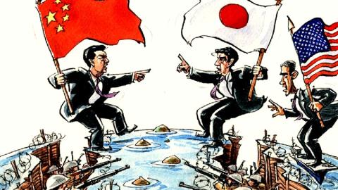Biếm họa về mối quan hệ giữa ba nước Nhật Bản, Mỹ, Trung Quốc trong khu vực biển Hoa Đông