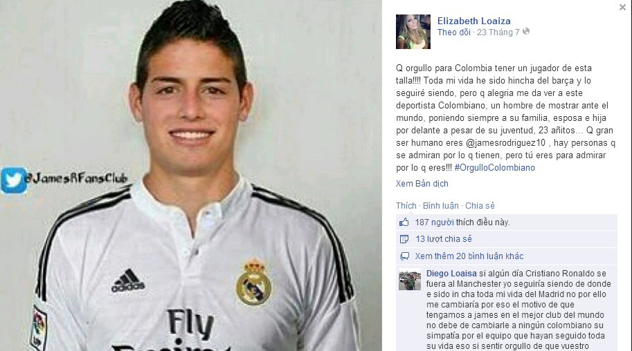 Tuy là fan ruột của Barca nhưng Elizabeth Loaiza lại rất 'kết' tân binh Real Madrid, James Rodriguez. Tuy là fan ruột của Barca nhưng Elizabeth Loaiza lại rất 'kết' tân binh Real Madrid, James Rodriguez.