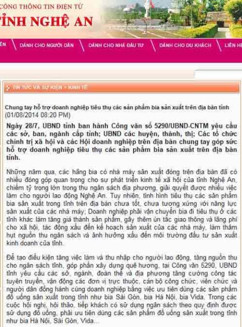 Công văn yêu cầu sử dụng bia Sài Gòn, bia Hà Nội, Vida được đăng tải trên Cổng thông tin điện tử tỉnh Nghệ An. (Ảnh chụp màn hình)
