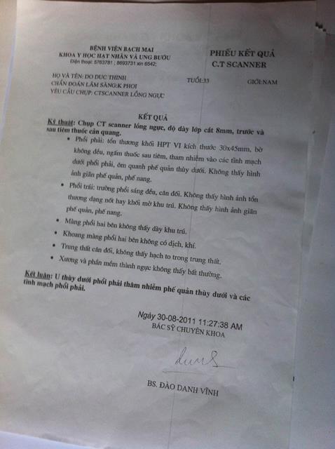 Giấy khám cho thấy anh Thịnh mắc ung thư phổi