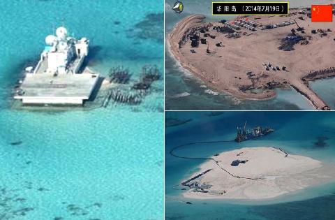 Hình ảnh Trung Quốc đang mở rộng diện tích đảo và xây dựng các công trình trên đảo Chữ Thập (bên trái), Châu Viên (phía trên - bên phải) và Gạc Ma