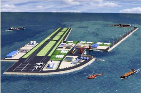 Mô hình đảo nhân tạo với cầu cảng và sân bay của Trung Quốc trên biển Đông