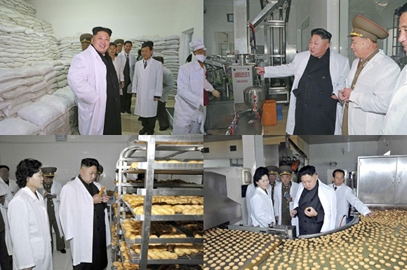 Tại nhà máy, nhà lãnh đạo Triều Tiên đã đi kiểm tra các loại thực phẩm, quy trình chế biến ngô, xát gạo.