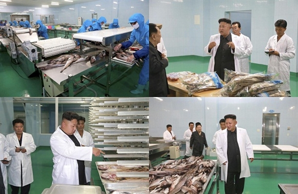 Công nhân làm việc tại dây chuyền sản xuất tại Nhà máy Thực phẩm Kalma trong chuyến thăm của nhà lãnh đạo Kim Jong-un.