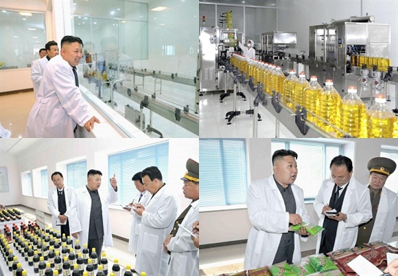 Công nhân làm việc trên dây chuyền đóng chai và ghi nhãn dầu đậu nành tại Nhà máy Thực phẩm Thiết yếu Bình Nhưỡng.