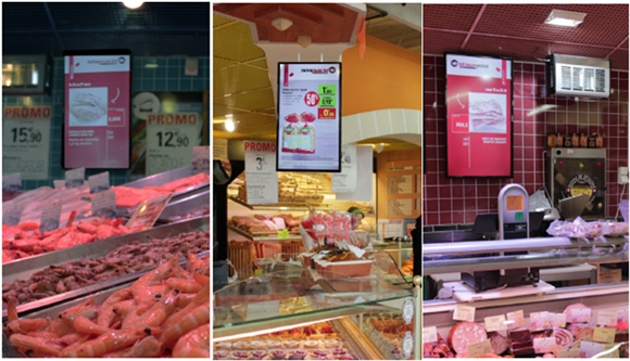 Màn hình SMART Signage của Samsung ở khu vực Hải sản, Bánh ngọt, Thịt động vật tại siêu thị Intermaché hiển thị các nội dung khuyến mãi thu hút, cập nhật.