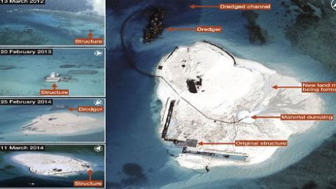 Dự  án lấp biển xây đảo trên bãi đá Chữ Thập thuộc quần đảo Trường Sa là một trong số những dự án mà Trung Quốc thực hiện nhiều tháng qua (Ảnh CNES)