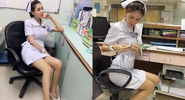 Trong các bức hình đăng trên mạng xã hội, cô gái thường diện trang phục của y tá với phần áo ôm sát và chân váy ngắn khoe thân hình cân đối, quyến rũ. Trong các bức hình đăng trên mạng xã hội, cô gái thường diện trang phục của y tá với phần áo ôm sát và chân váy ngắn khoe thân hình cân đối, quyến rũ.